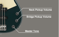 Tampilan dekat kenop Master Tone, Volume Pickup Neck, dan Volume Pickup Bridge