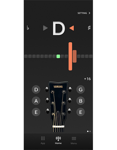 Tuner preset yang mudah dipahami dengan gambar gitar dan indikator yang mudah dibaca