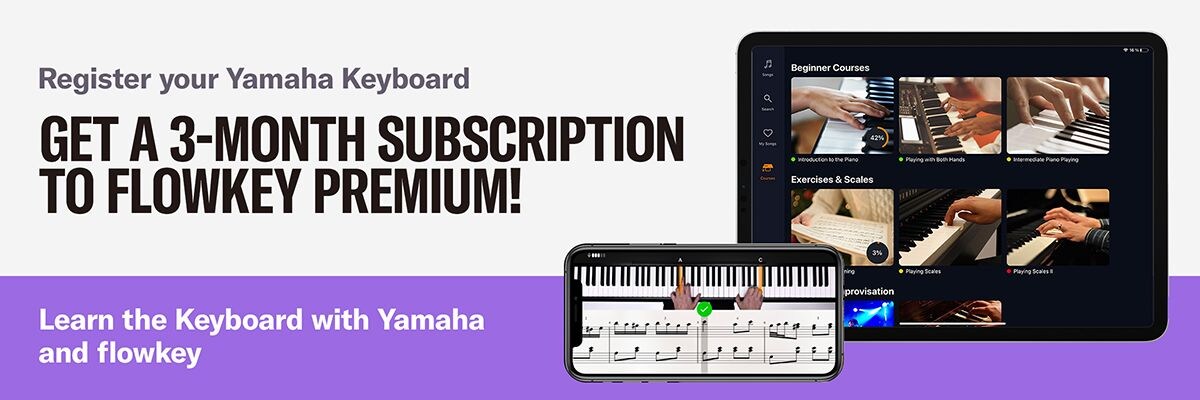 Spanduk promosi flowkey dengan keyboard digital