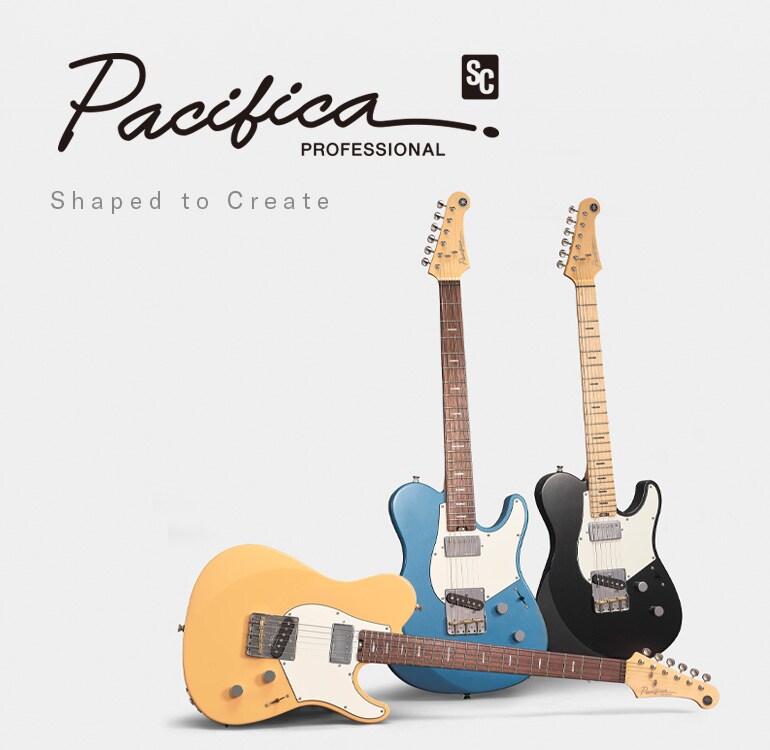Latar belakang putih. Kiri: logo Pacifica SC Professional & teks "designed to inspire". Kanan: 3 gitar.