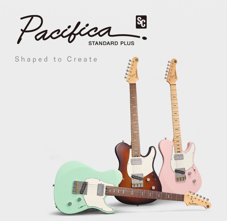 Latar belakang putih. Kiri: logo Pacifica SC Standard Plus & teks "designed to inspire". Kanan: 3 gitar.