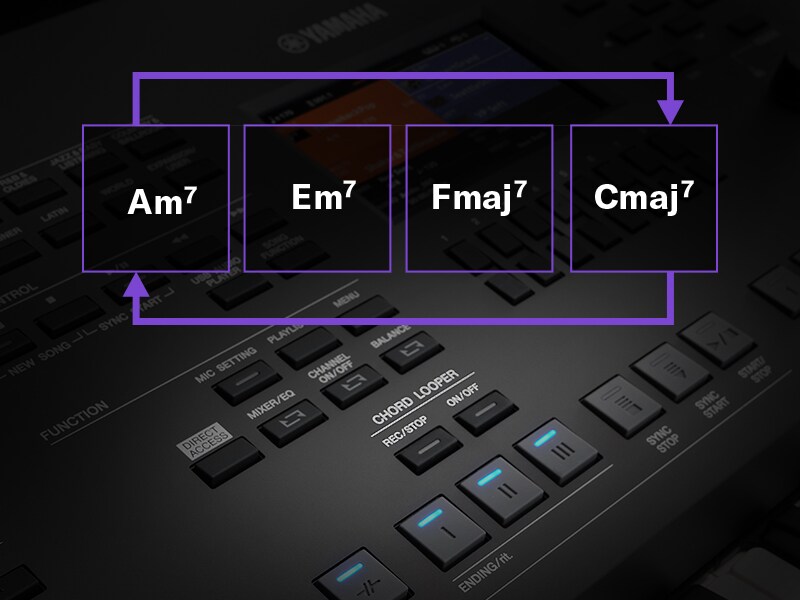 Ilustrasi fungsi Chord Looper yang mengulang urutan akor pada PSR-SX620.