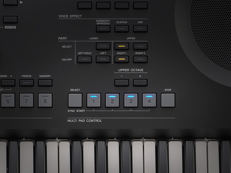 Tampak dekat Multi Pad PSR-SX620 yang digunakan untuk memicu frasa, pola, dan loop.