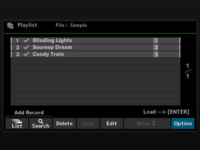 Layar Playlist pada PSR-SX620 untuk mengatur lagu dan pengaturan.
