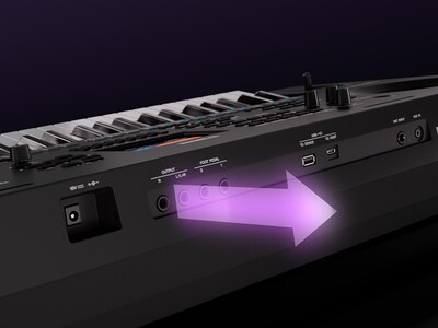 Tampak dekat terminal LINE OUT PSR-SX620 untuk output audio berkualitas tinggi.