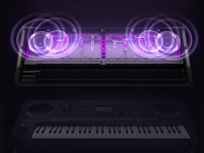 Tampak transparan kotak speaker yang mengilustrasikan getaran dan output suara yang bertenaga.