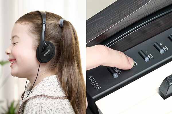 Bermain piano ARIUS menggunakan headphone dan mengoperasikan tombol panel kontrol