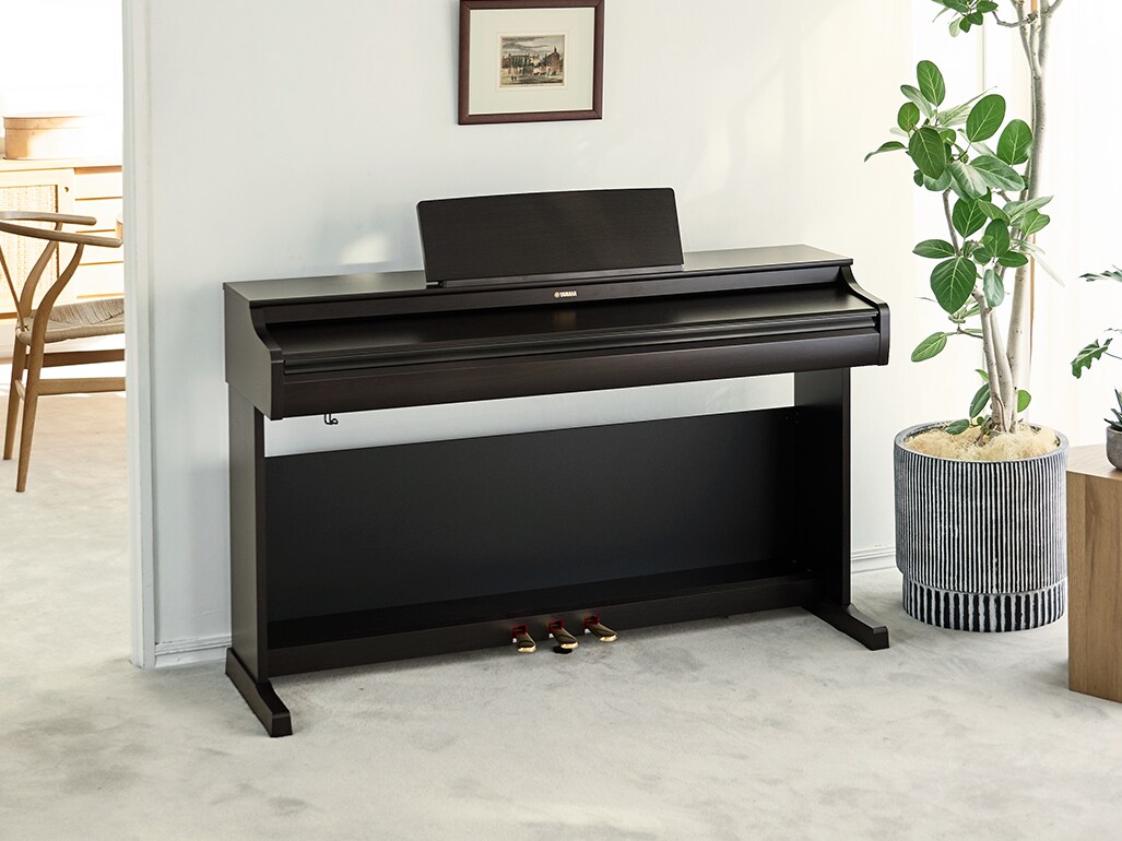 Desain piano digital ARIUS yang ringkas dan elegan menyatu secara natural di ruang keluarga.
