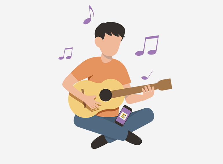 Seorang pria menggunakan aplikasi latihan musik Extrack untuk berlatih dengan bagan akor