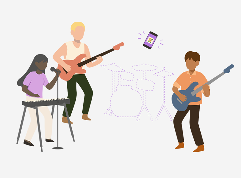 Aplikasi latihan musik Extrack menggantikan anggota band yang tidak dapat menghadiri sesi latihan