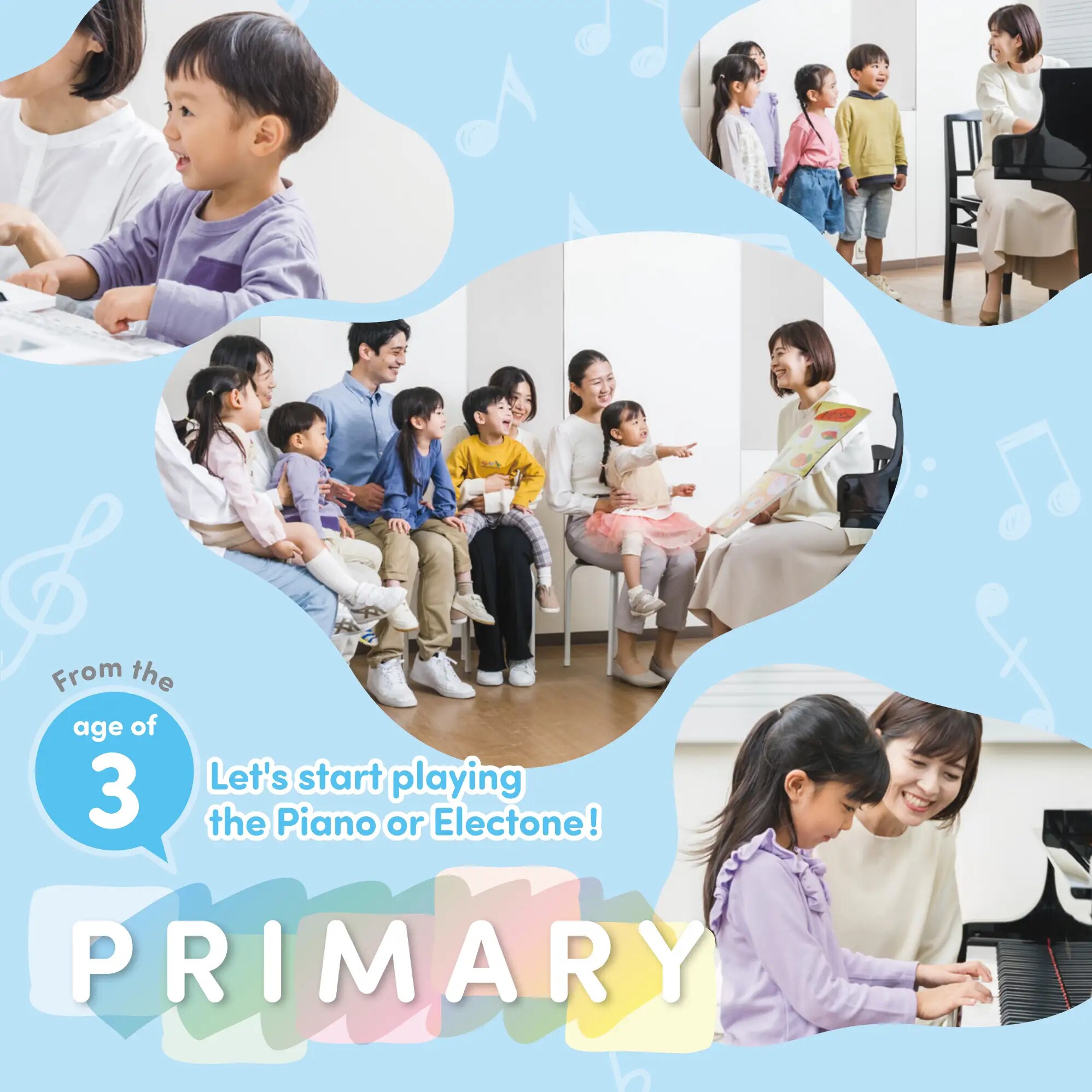 Promotional graphic for Yamaha Primary Course Explorer showing young children starting music lessons from age 3 with group
                                learning and piano instruction