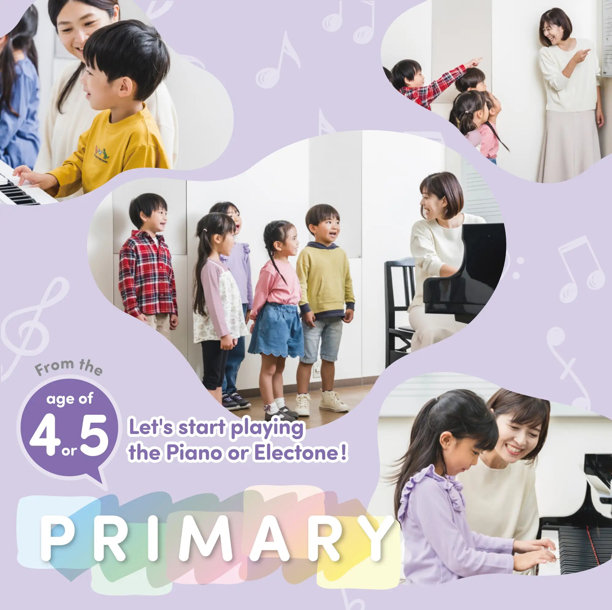Children aged 4 to 5.5 learning piano and music in Yamaha’s Primary Course with engaging group lessons and instructor guidance