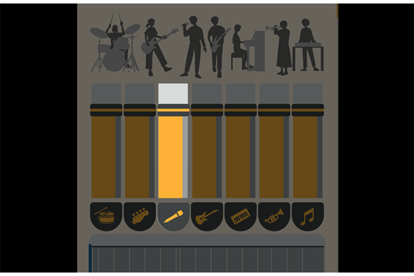 Tangkapan layar dari sumber audio yang dipisahkan menjadi beberapa bagian berbeda, seperti gitar, vokal, drum, bass, piano, dan instrumen tiup.