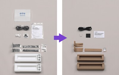 Picture showing previous packaging using plastic bags and Styrofoam, and new packaging with less plastic and cardboards instead of Styrofoam as cushioning.