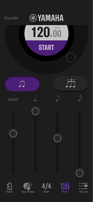 Dengan layar mixer, Anda dapat menyesuaikan volume untuk setiap ketukan.