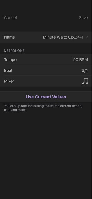 Layar My List di aplikasi METRONOME: Memungkinkan Anda menyimpan dan mengedit pengaturan tempo, tanda birama, serta nada