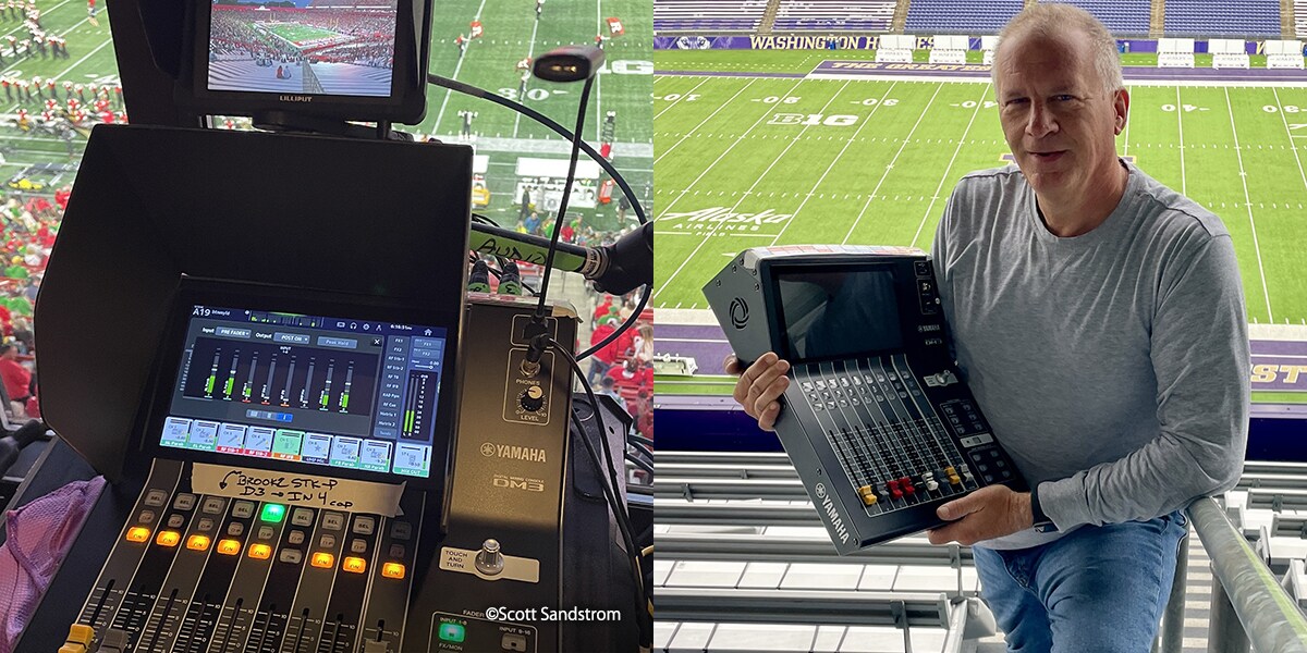 Dua gambar:  sisi kiri memperlihatkan konsol mixing Yamaha DM3 yang terpasang di ruang siaran stadion NCAA;  sisi kanan memperlihatkan Scott Sandstrom sedang memegang  digital mixing console Yamaha DM3 di stadion dengan lapangan  football  terlihat di latar belakang