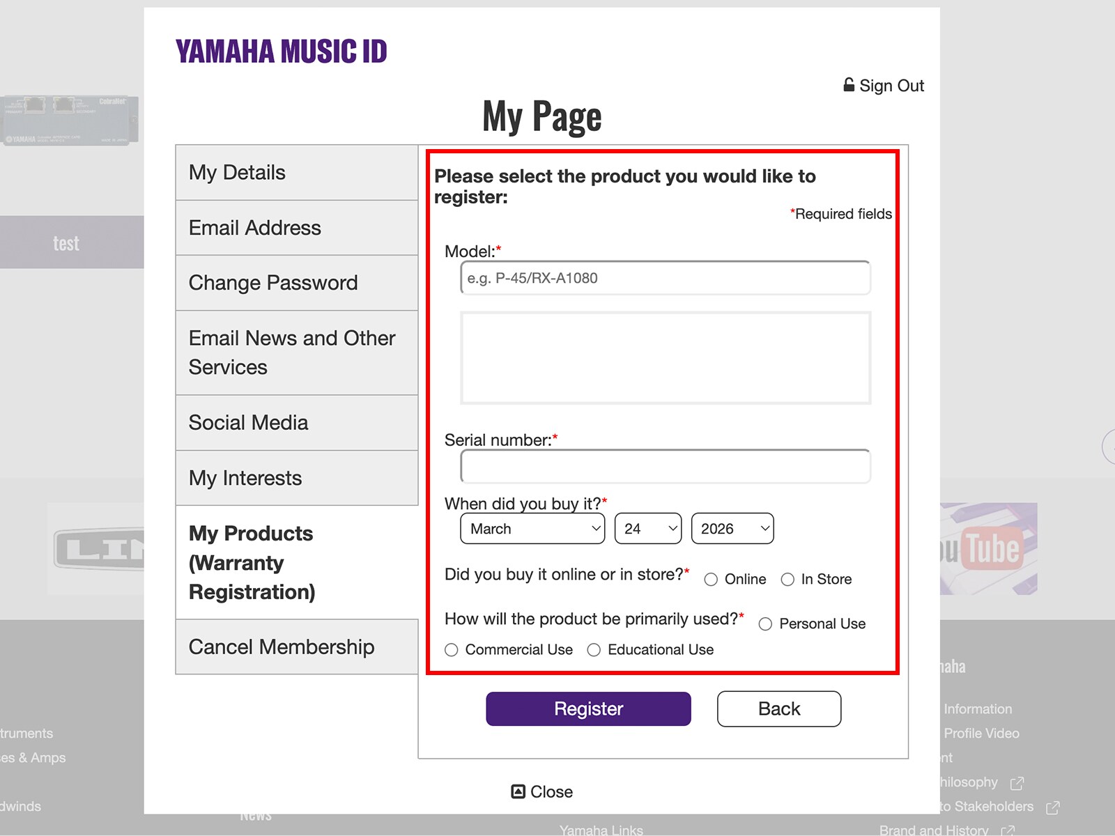 Tampilan formulir pendaftaran Yamaha Music ID.