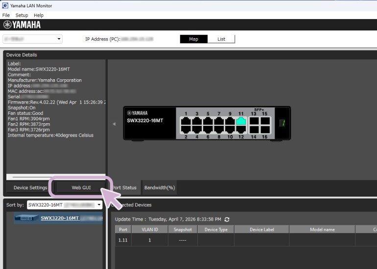 Perangkat lunak Yamaha LAN Monitor pada PC yang terhubung ke network switch Yamaha, dengan  tampilan interface Web GUI